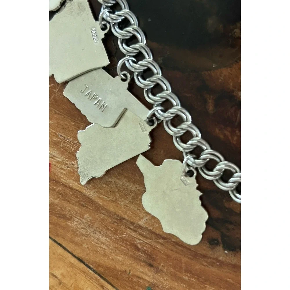 Vintage Sterling And Enamel USA States Charms Double Curb Bracelet Small